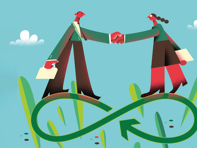 Businessman and businesswoman shaking hands on top of circular economy icon - Credit: Pablo Blasberg Ikon - 00032511
