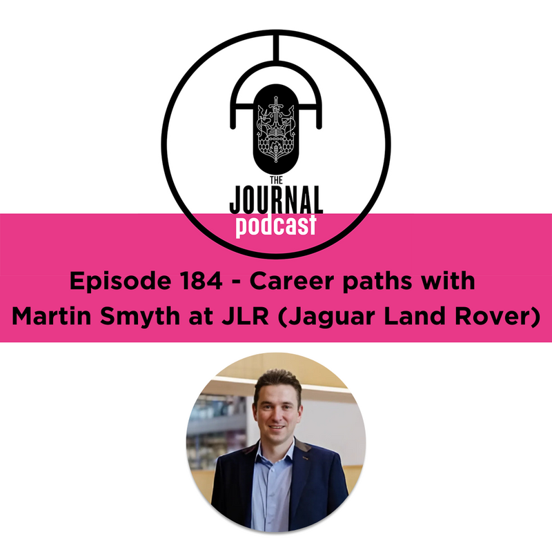 Journal Podcast Logo comprising of upside down microphone and CII crest. Podcast title, image below of man short hair