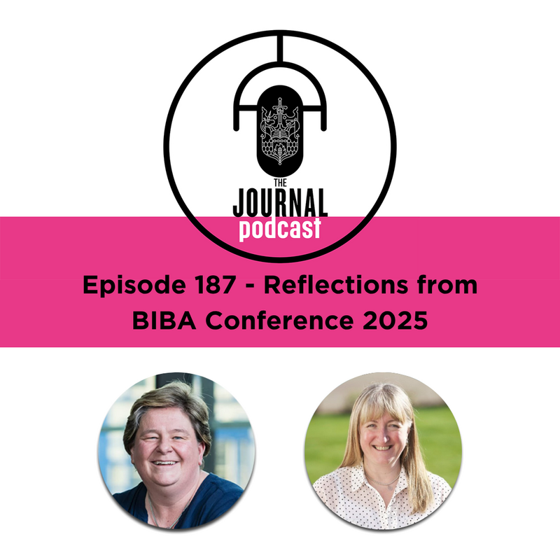 Journal Podcast Logo comprising of upside down microphone and CII crest. Podcast title, image below of two women, first woman on left with short brown hair, second woman on right with long blonde hair