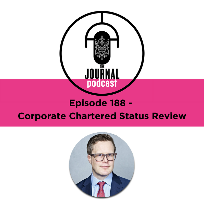 Journal Podcast Logo comprising of upside down microphone and CII crest. Podcast title, image below of man short brown hair hair