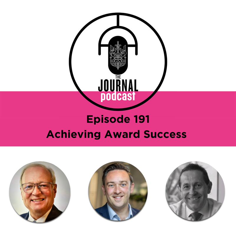 Journal Podcast Logo comprising of upside down microphone and CII crest. Podcast title, image below of 3 men with short hair