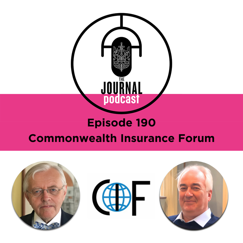 Journal Podcast Logo comprising of upside down microphone and CII crest. Podcast title, image below of two men, man on left with short white hair and glasses, man on right has short white hair
