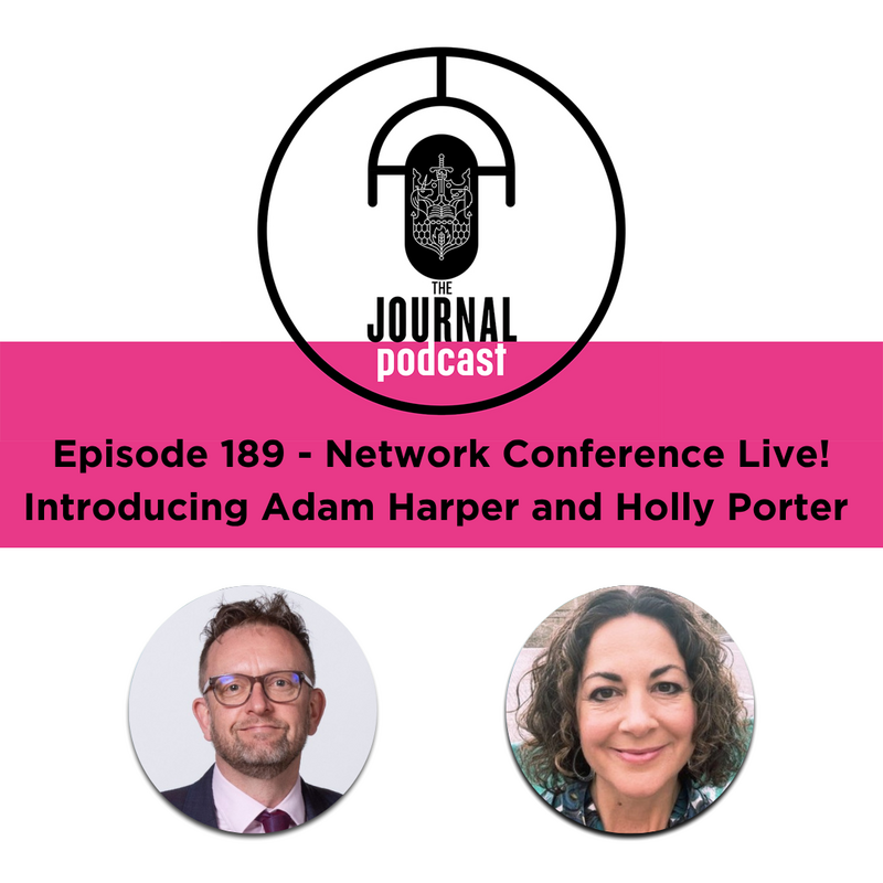 Journal Podcast Logo comprising of upside down microphone and CII crest. Podcast title, image below of man on left hand side, with short brown hair, woman on right hand side, with shoulder length hair
